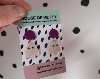 Boucles d'oreilles fantômes d'Halloween faites main : pâte polymère blanc nacré