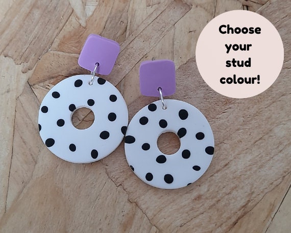 Polymer clay dalmatian spot circle donut earrings - customisable stud colour