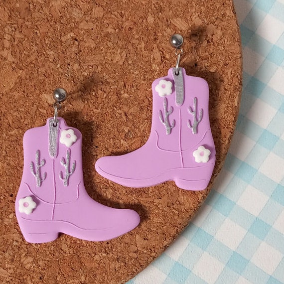 Cowboy boot shaped polymer clay dangle earrings