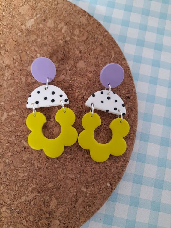 Polymer clay double drop lilac and lemon daisy dangle earrings