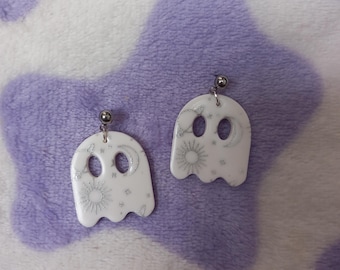 Celestial print ghost polymer clay dangle earrings - alternative halloween ghost earrings