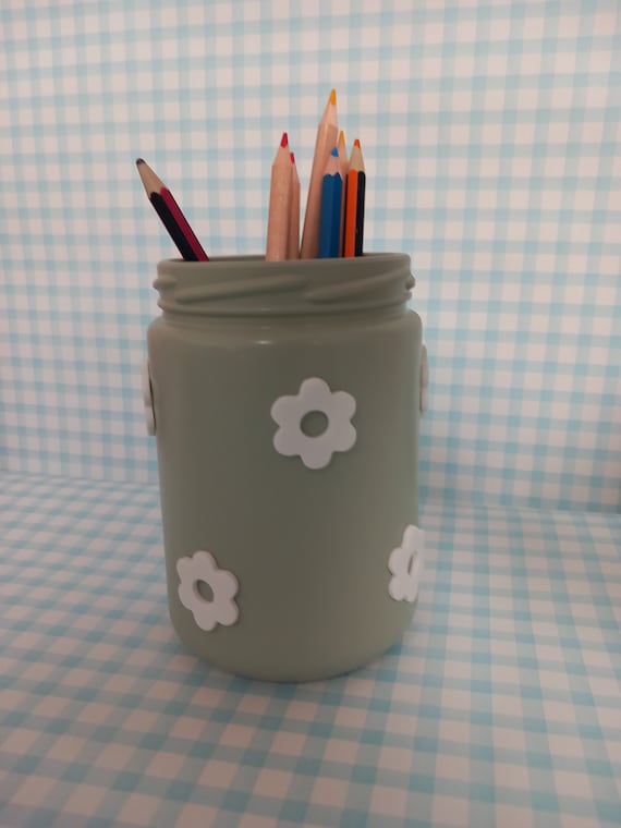 Sage green glass storage jar - daisy jar - pastel home - pencil pot - table decor - y2k decor