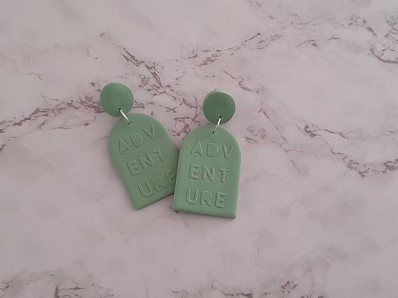 Polymer clay pstachio green adventure dangle arch earrings