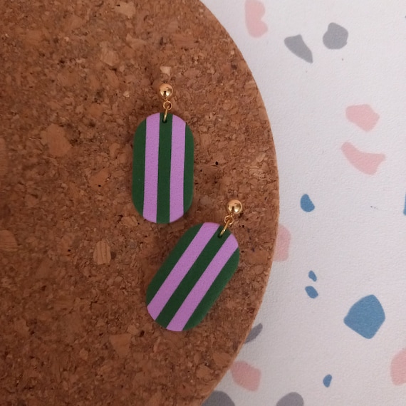 Pill shaped stripey polymer clay earrings