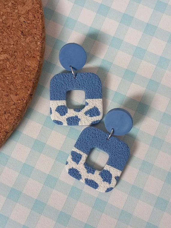 Retro square textured cow print polymer clay earrings - pastel cow print earrings - two tone earrings