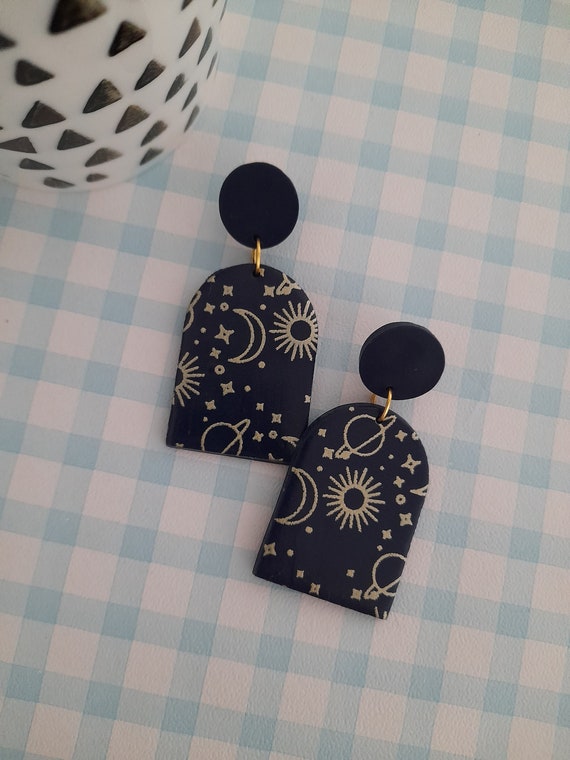 Celestial space pattern polymer clay large arch earrings