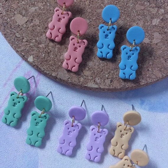 Teddy bear gummy bear shaped polymer clay dangle earrings - cute earrings - novelty earrings