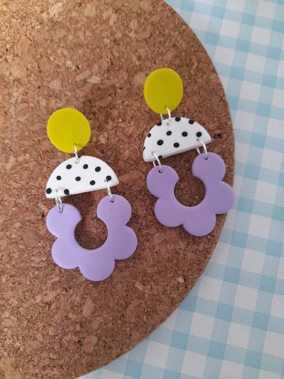 Polymer clay double drop lilac and lemon daisy dangle earrings