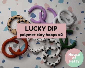Polymer clay hoop earrings surprise lucky dip box. 2 pairs of hoops.