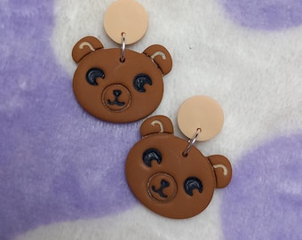 Teddy bear face polymer clay dangle earrings