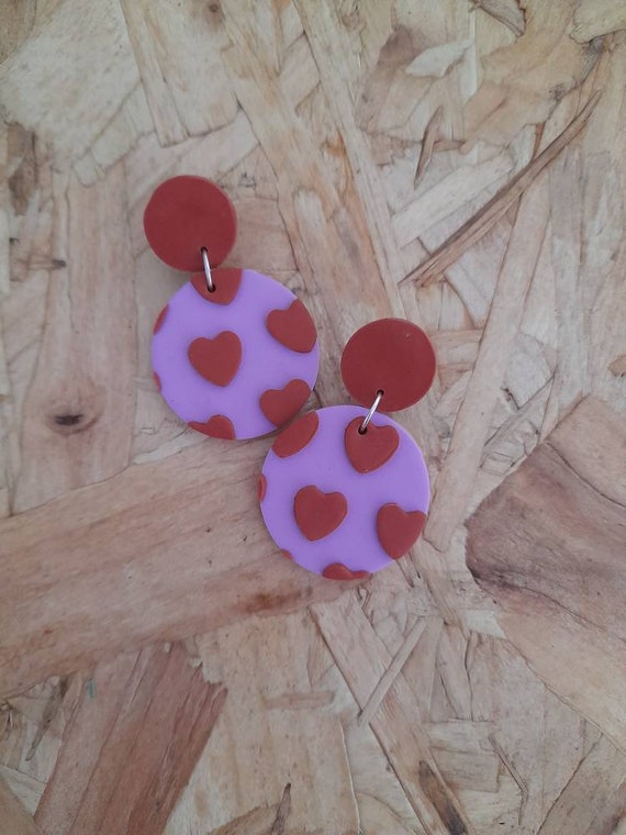 Polymer clay love heart design circle dangle earrings