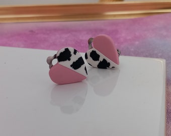 clip de estampado de vaca de corazón de amor en aretes - pendientes de arcilla polimérica