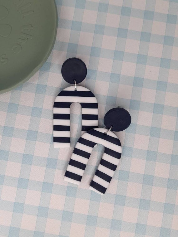 Polymer clay navy and white stripy arch earrings - gifts for her - statement earrings