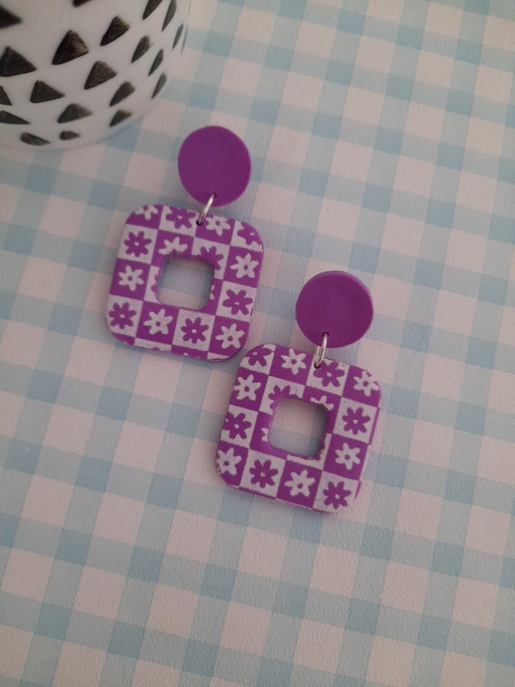 Retro floral print lilac polymer clay square dangle earrings