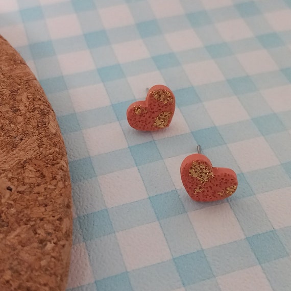 Small textured love heart polymer clay stud earrings with gold detail