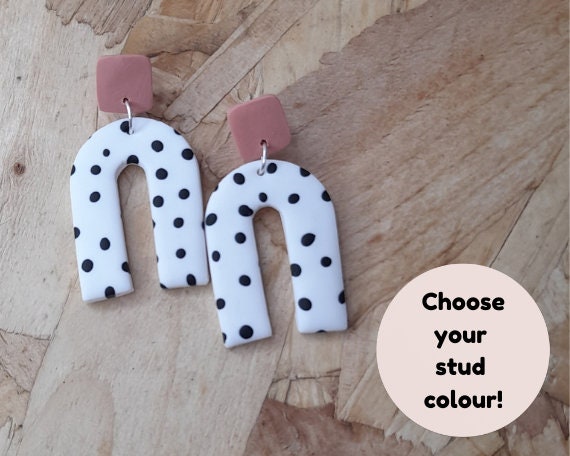 Polymer clay Dalmatian spot arch earrings - polymer clay skinny arch earrings - spotty arch earrings - gifts for her - statement earrings