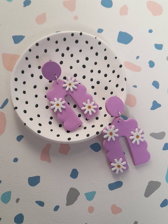 Polymer clay bubble arch daisy dangle earrings lilac and lemon