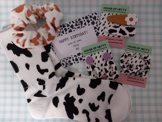 Cow print accessories gift box - cow earrings - cow hair accessories - cow socks - gifts for her