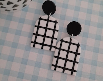 Black and white grid pattern polymer clay large arch earrings