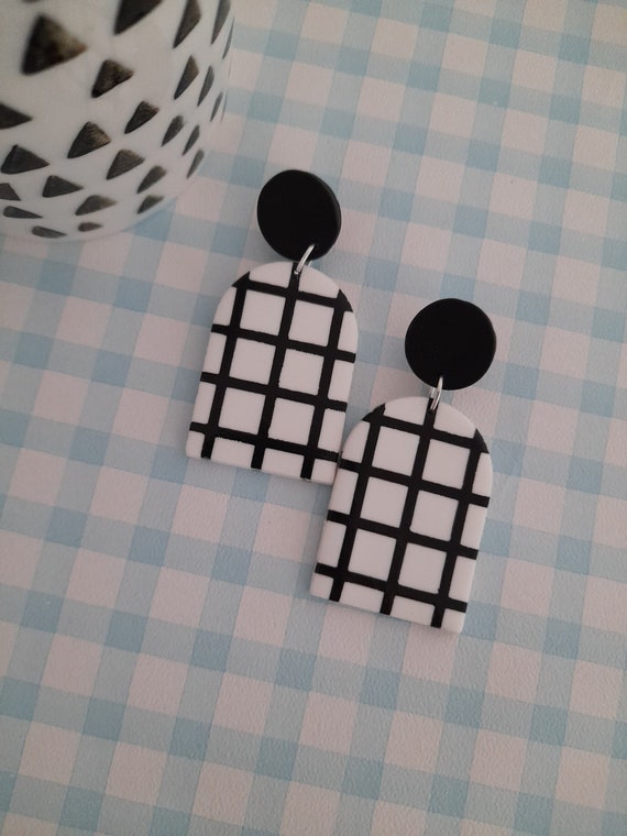 Black and white grid pattern polymer clay large arch earrings