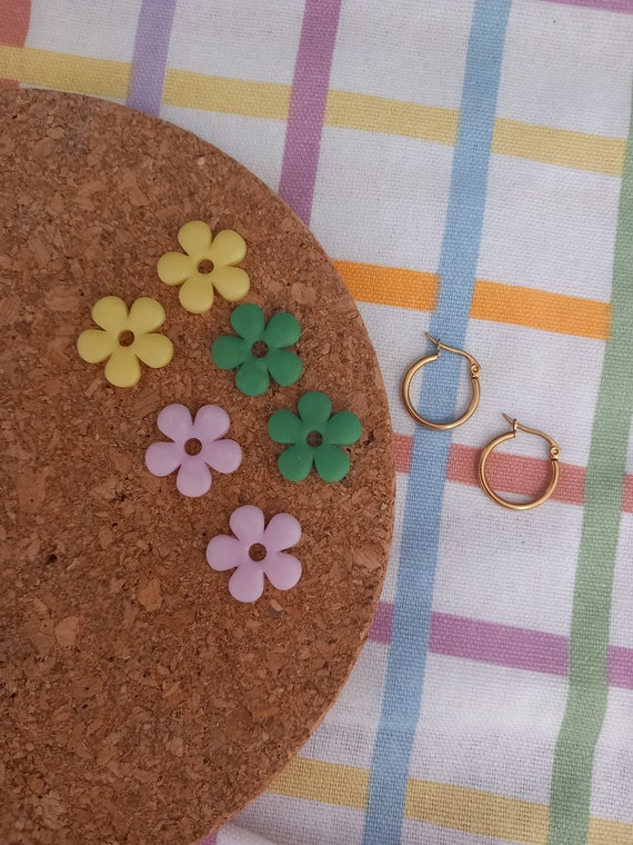 Hoop earrings with handmade polymer clay flower charms