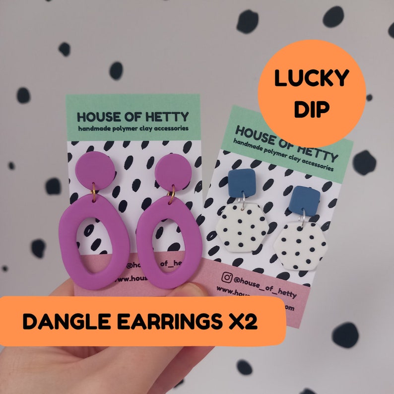 Polymer clay earrings surprise lucky dip box. Containing 2 pairs of handmade statement dangle earrings image 1