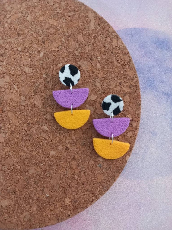 Polymer clay double drop semi circle earrings - cow print earrings - statment clay earrings