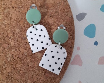 Polymer clay dalmatian spot arch clip on earrings