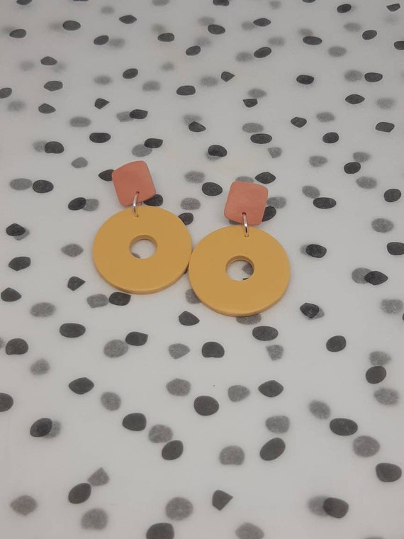 Yellow and coral donut dangle earrings - summer accessories - summer earrings - handmade from polymer clay