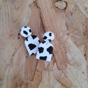 Polymer clay cow print dangle earrings - monochrome earrings - arch dangle earrings