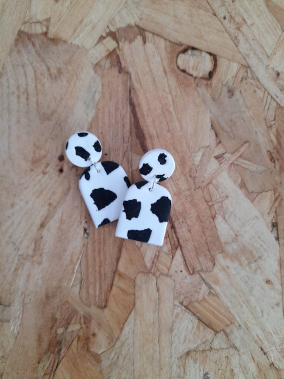 Polymer clay cow print dangle earrings - monochrome earrings - arch dangle earrings