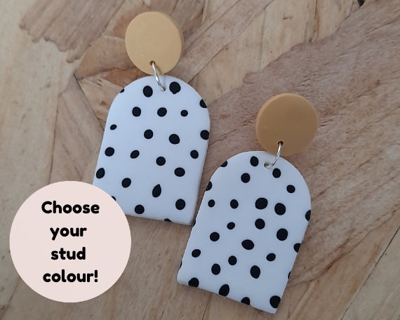 Polymer clay dalmatian spot block arch dangle earrings - customisable stud colour