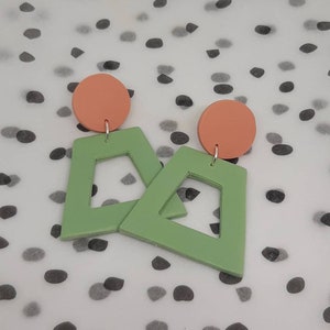 Polymer clay dangle earrings - large trapezoid muted green and salmon pink