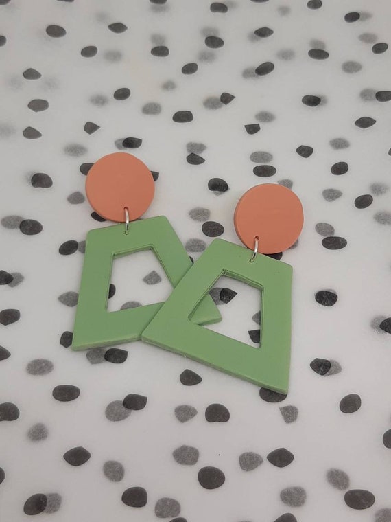Polymer clay dangle earrings - large trapezoid muted green and salmon pink