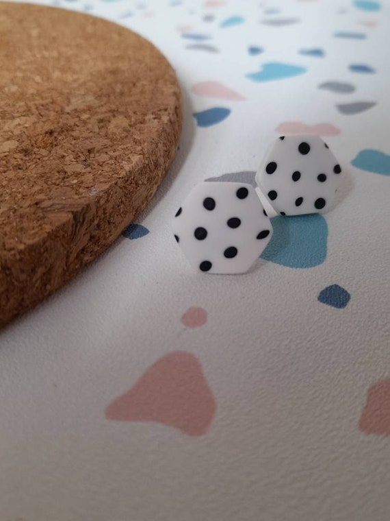 Polymer clay dalmatian spot hexagon geometric stud earrings