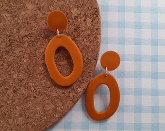 Orange organic oval earrings - autumn earrings  - polymer clay earrings - block colour earrings - donut earrings