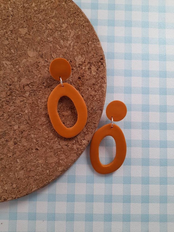 Orange organic oval earrings - autumn earrings  - polymer clay earrings - block colour earrings - donut earrings