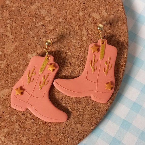 Cowboy boot shaped polymer clay dangle earrings