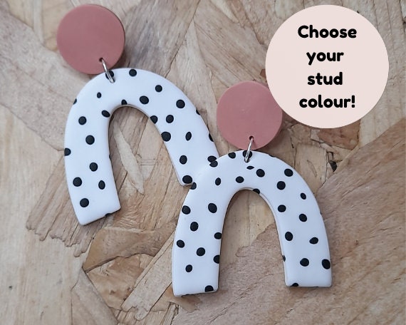 Polymer clay dalmatian spot large arch dangle earrings - customisable stud colour