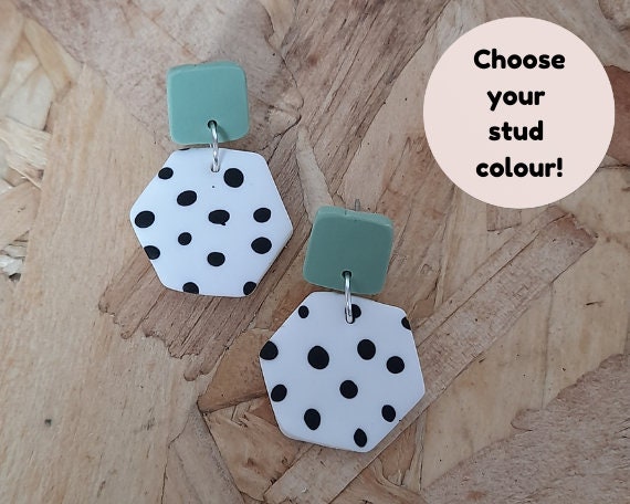 Polymer clay dalmatian spot hexagon dangle earrings - clay spotty earrings - gifts for her - statement earrings