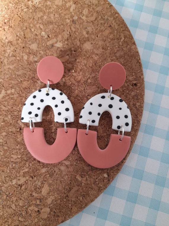 Polymer clay double drop coral and dalmatian spot dangle earrings