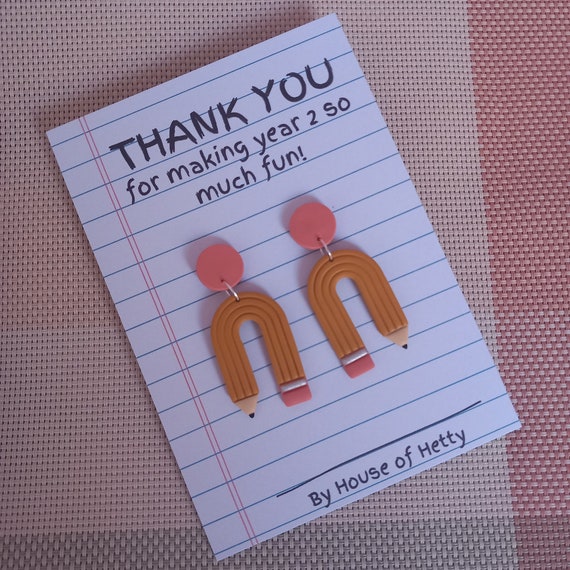 Teacher gift - pencil earrings - thank you teacher card