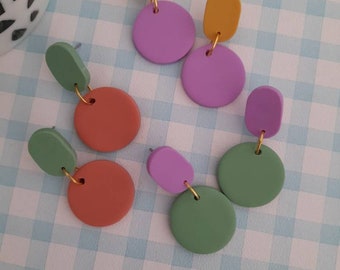 Block colour circle dangle earrings - minimalist earrings -  pastel polymer clay earrings - disc earrings