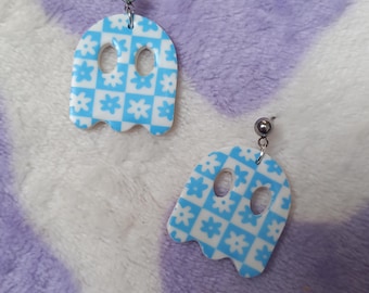 retro floral ghost polymer clay dangle earrings - alternative halloween ghost earrings