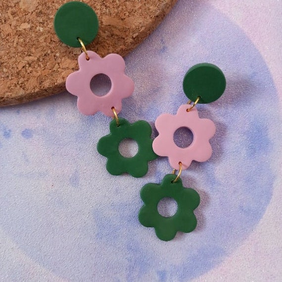 Polymer clay double drop daisy earrings - pink and green earrings - flower earrings