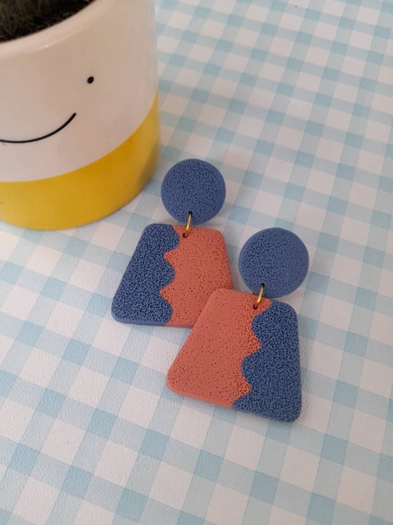 Polymer clay textured dangle earrings - blue and coral block colour squiggle earrings