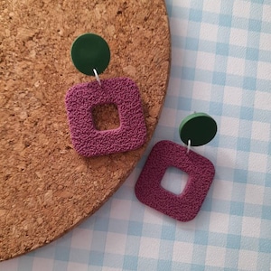 Retro square textured block colour dangle polymer clay earrings - autumn colours - berry and green earrings