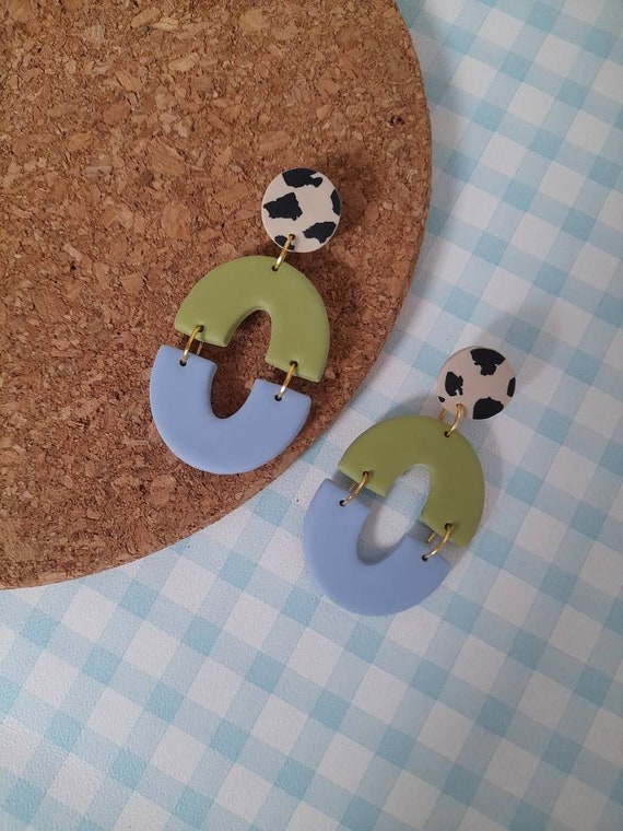 Polymer clay double drop green blue cow print dangle earrings