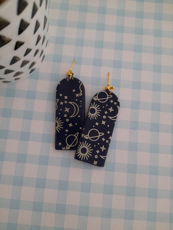 Celestial space pattern polymer clay long arch earrings