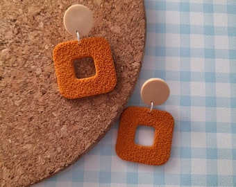 Retro square textured block colour dangle polymer clay earrings - autumn colours - orange and beige earrings